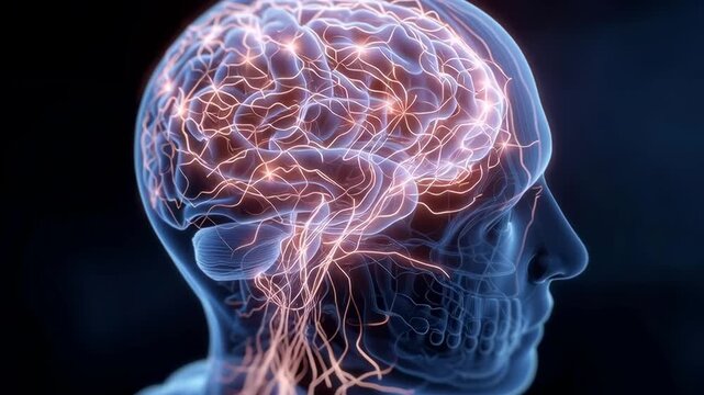 A brain with many neurons and a skull. The brain is glowing with a blue and orange color