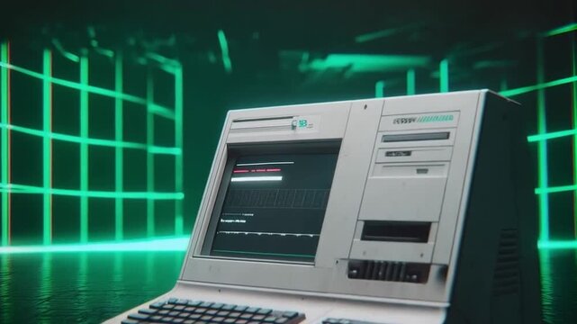 Retro computer running in futuristic environment with green grid lines, nostalgic technology, data - Powered by Adobe