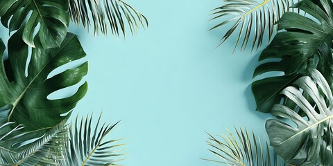 Tropical leaves frame on light blue background monstera and palm leaves around the edges summer, vacation, holiday concept copy space