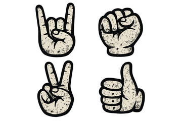 Grunge hand signs vector set, rock on gesture, fist, peace sign, thumbs up, cartoon style, vintage distressed texture, hand gestures collection, transparent background