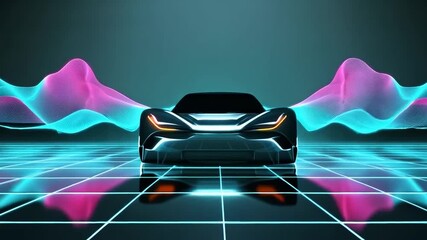 Futuristic car presentation with neon grid and waves in a digital environment, showcasing technology - Powered by Adobe