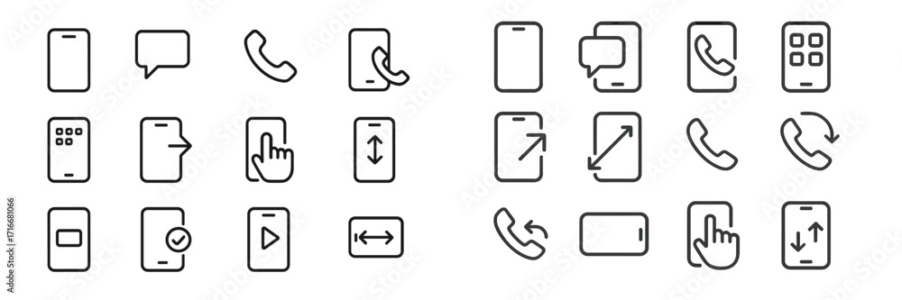 Poster collection of simple mobile phone icons showing communication and interaction concepts in a modern d