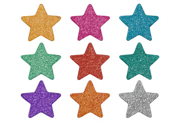Colorful metallic glitter sparkle textured stars set. Cut out collage elements collection for festive design. Vintage vector illustration for celebration, decoration and scrapbooking.