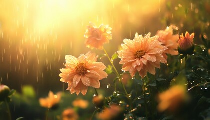 Close-up view of several orange dahlia flowers covered in raindrops, illuminated by bright sunlight, set against a blurred background of greenery.