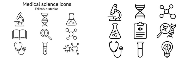 Collection of medical science icons illustrating research and healthcare concepts in a simple design