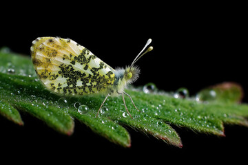 Obraz premium Dew on leaf with butterfly