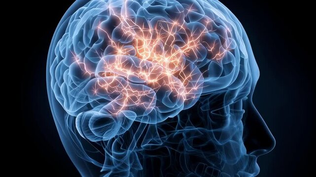 A brain with a lot of activity and a lot of energy. The brain is glowing and it looks like it is on fire