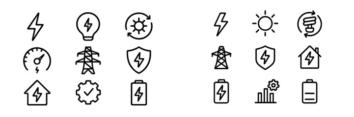 Electricity symbols and icons represent energy concepts and renewable sources in a simple design layout