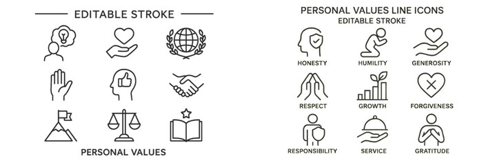 Icons representing personal values such as honesty, respect, and generosity for use in various projects