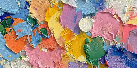 A dynamic and textured abstract painting featuring a harmonious blend of pink, yellow, green, blue, and orange hues in an expressive composition