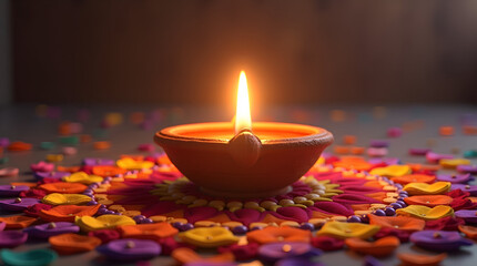 Colorful earthen diya with close-up focus