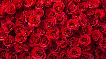 A vibrant display of red roses, densely packed together, creating a rich and romantic floral background