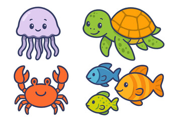 Cute sea creatures set with jellyfish, turtle, crab, and fish. Cartoon ocean animals collection. Kawaii marine life characters for kids. Vector illustration for nursery.