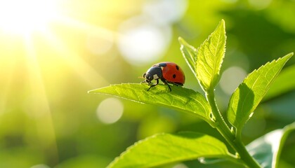 Ladybug on a sunlit leaf