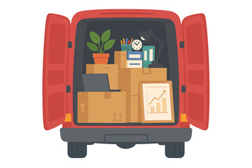 Corporate moving concept. Open trunk of red van with office things in boxes. Business relocation. Unloading or loading truck. Growth chart for new company office success.