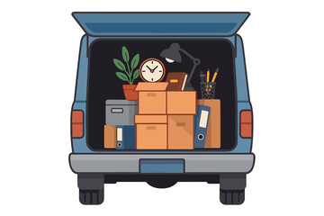 Corporate moving and business relocation concept. Open trunk of a van loaded with office equipment in cardboard boxes, folders, and a plant. Loading or unloading delivery truck.