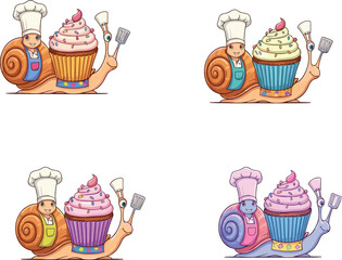 Cartoon snails dressed as chefs carrying colorful cupcakes, funny dessert character illustration, baking themed artwork, cute pastry mascot design