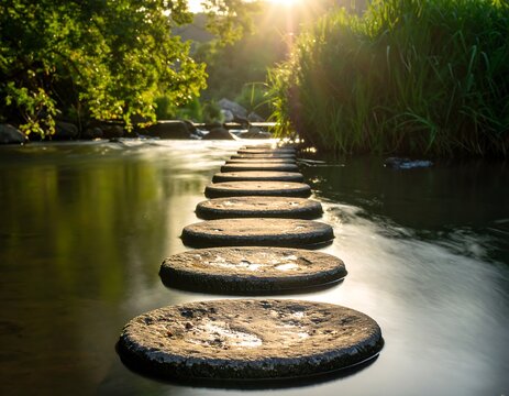 Tranquil river stones path leading into the sun