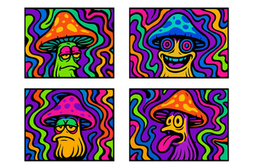 Psychedelic trippy mushroom characters with funny faces. Magic mushrooms cartoon mascot set. Vibrant neon fluid background. 90s hippie groovy vector art for festival.