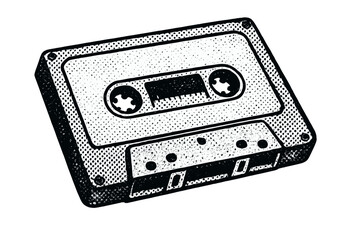 Obraz premium Retro audio cassette tape illustration in halftone pop art style. Vector design element with vintage grunge texture for 90s and 80s nostalgia. Old music mixtape concept.