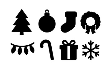 Christmas silhouette icons set. Winter holiday symbols. Xmas tree, ornament, stocking, wreath, lights, candy cane, gift, snowflake. Simple black vector graphic element.