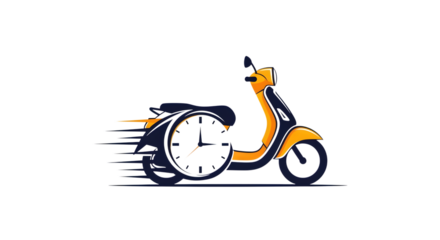 A yellow scooter with a clock on the back wheel speeding for fast delivery isolated on transparent background
