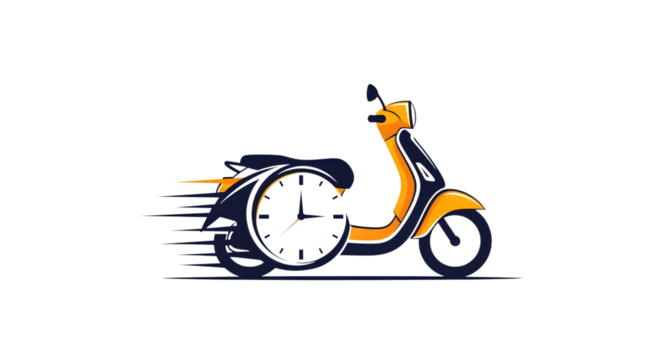 A yellow scooter with a clock on the back wheel speeding for fast delivery isolated on transparent background