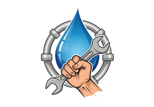 Illustration of a hand holding a wrench with a water drop and pipes isolated on transparent background - Powered by Adobe