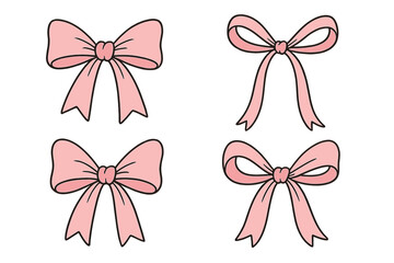 Coquette aesthetic balletcore style pink bow set. Vector graphic element for gift wrapping or hair accessory. Cute girly hand drawn ribbon for party decoration or present.