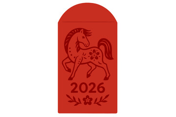 Chinese New Year 2026 Year of the Horse. Red envelope vector. Minimalistic zodiac animal in traditional paper cut style. Asian lunar new year celebration symbol.