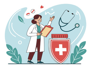 Smiling female doctor explaining healthcare presenting a shield with a cross representing health pro