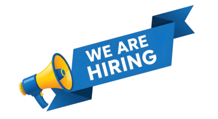 A blue and yellow megaphone announces we are hiring isolated on transparent background