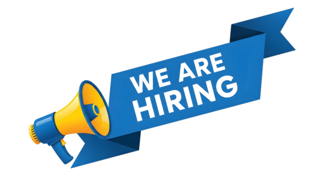 A blue and yellow megaphone announces we are hiring isolated on transparent background