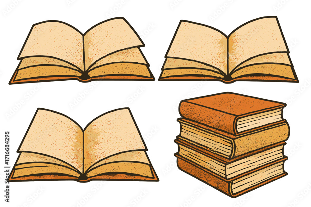 Poster set of open books and a stack of old books. retro vector illustration with grunge halftone texture. 