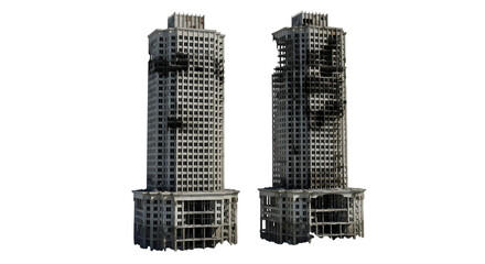 Two damaged buildings stand tall against a transparent background isolated on transparent background