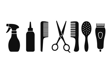 Hairdresser tool and barber equipment icon set. Black silhouette collection for beauty salon. Vector graphic design with scissors, comb, hair clipper, spray, and brush.