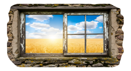 Old stone window frames a golden wheat field under a bright blue sky isolated on transparent background