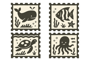 Summer sea ocean cute underwater animal stamps set, textured vector illustration with whale, tropical fish, turtle, octopus, marine life, tropical ocean covers, monochrome naive style