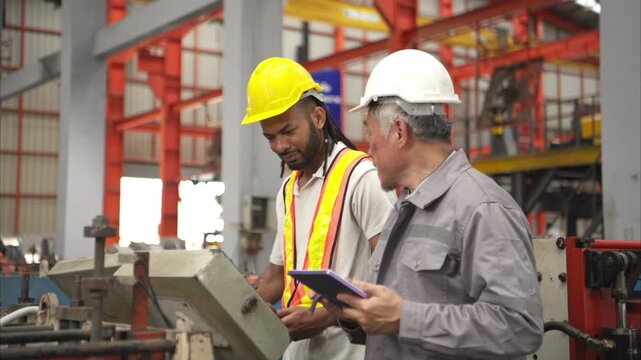 Senior engineers and young man workers are talking and inspecting machines on a production line with safety helmets and other equipment