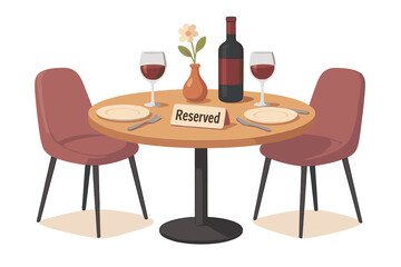 Romantic date concept with a reserved table for two in a restaurant. Fine dining setup with wine bottle, glasses, and modern chairs for a special occasion, anniversary, or celebration.