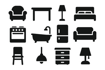 Furniture icon set, minimalist black silhouette vector collection of household items. Simple glyph symbols for home interior design, including sofa, chair, bed, lamp, table.