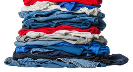 A neatly folded stack of colorful clothing isolated on transparent background