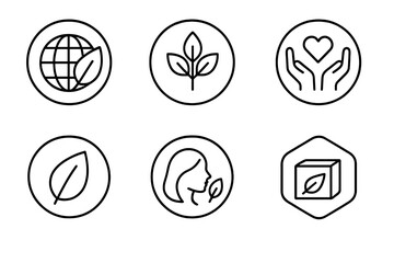 Sustainability line icon set. Vector symbols for natural ingredients, organic food, clean beauty, ethical sourcing, vegan, bio, and eco product packaging labels.
