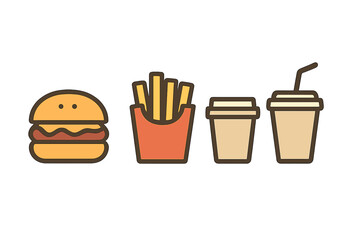 Fast food vector icon set. Minimalist cartoon illustration of hamburger, french fries, soda drink and coffee cup. Simple flat graphic design elements for restaurant menu.