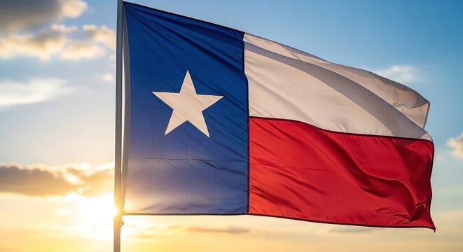The texas flag waving proudly against a vibrant sky at sunset, symbolizing state pride