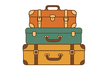 Vector travel concept with a stack of vintage suitcases. Flat cartoon illustration of retro luggage. Baggage for a journey or vacation. Trendy colors. Isolated graphic set.
