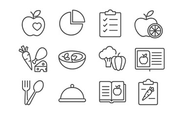 Food nutrition line icon set. Editable stroke icons for healthy eating, diet plan, food categories, meal prep, fresh produce, calories, and wellness app. Vector symbols.