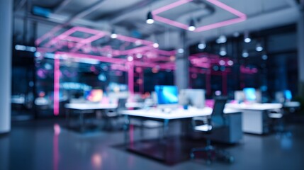 Obraz premium A modern office interior with blurred background, featuring desks, computers, and digital overlays in blue tones