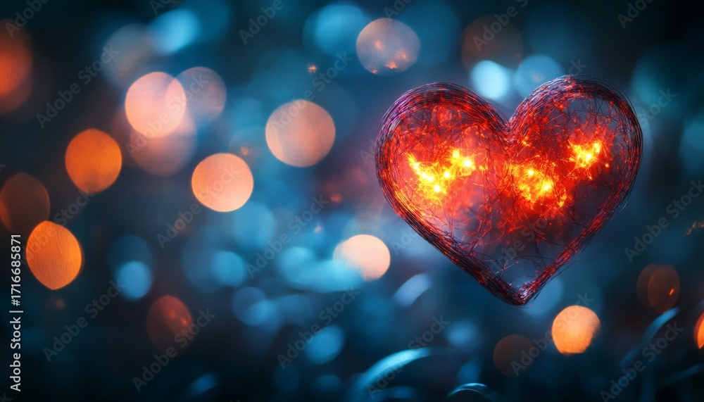 Poster a red heart-shaped object with internal lights is shown against a blurred background of orange and b