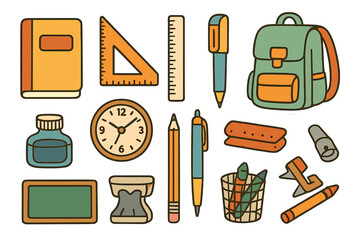 Retro school supplies sticker kit. Groovy 70s style vintage stationery elements set. Back to school cartoon vector icons. Education concept with book, pencil, ruler, backpack.